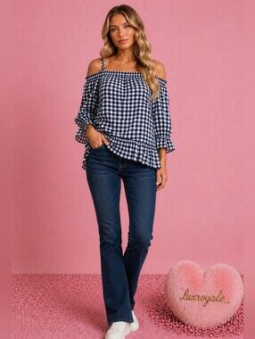 Blue Gingham Off Shoulder Cottagecore Sleeved Top with Bell Sleeve | Country Top